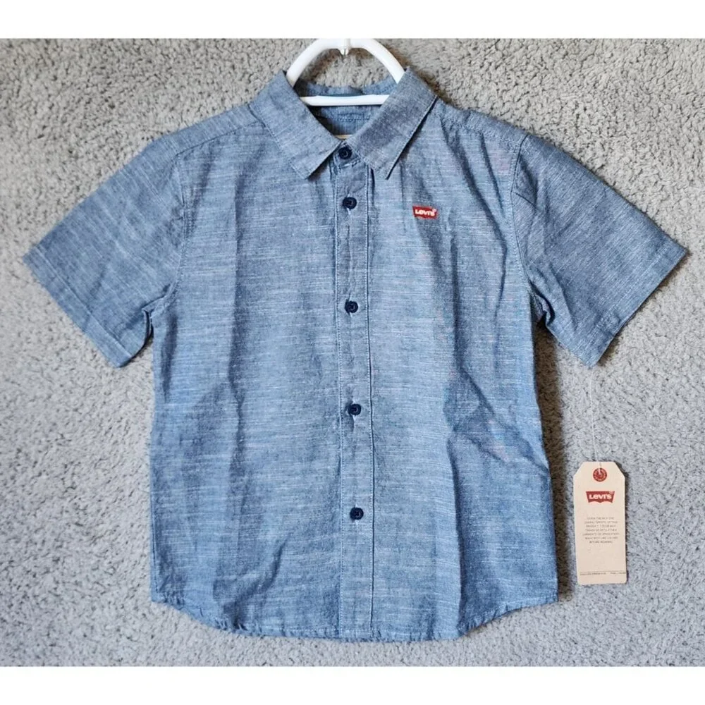 NEW LEVI'S Blue Heather Logo Short Sleeve Button Up‎ Shirt Youth Size 7R Cotton